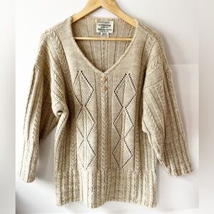 Vintage Cladyknit Irish Wool Sweater  Beige V-Neck Small Oversized Fisherman